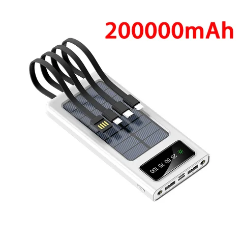 200000 mah Solar Power Bank Встроенный 4 кабеля Портативная быстрая зарядка Зарядное устройство большой емкости Powerbank для Iphone Samsung Huawei