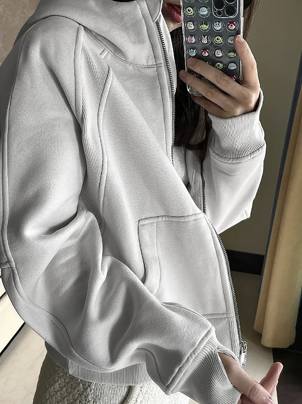 Full-Zip Hoodie Scuba Oversized Hoodie Waist Length Jackets Sweatshirts Soft Thumbholes Leisure Yoga Coat