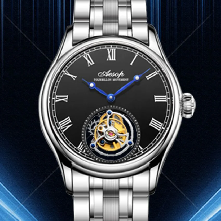 

AESOP 7021 Flying Tourbillon Manual Mechanical Watch for Men Skeleton Waterproof Luxury Wristwatch 2022 Black Dial Stainless New