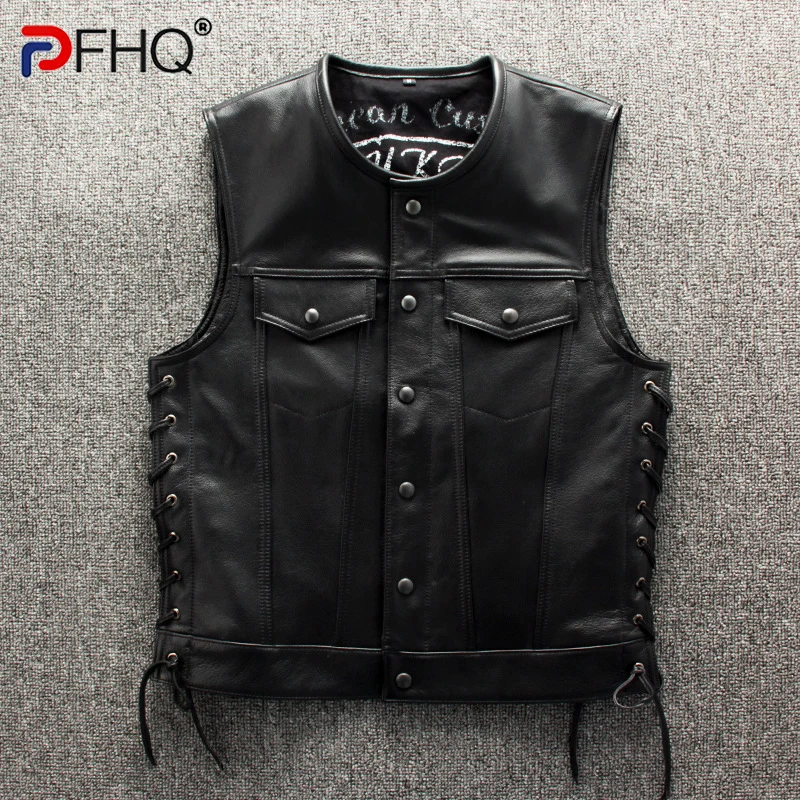 PFHQ 2023 Trendy Men's High Quality Leather Motorcycles Jackets Fashion New Sleeveless Vest Slim Fit Waistcoat Four Seasons Coat