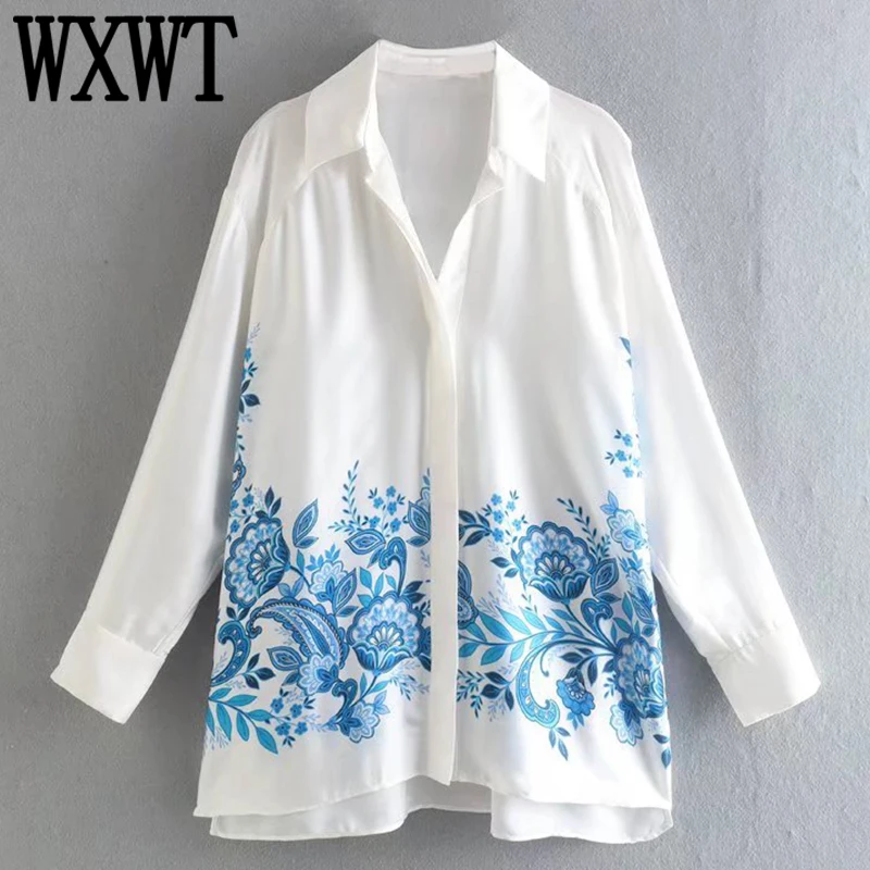 

WXWT Женская свободная Весенняя рубашка с принтом, отложным воротником, блузка с длинным рукавом, женские асимметричные топы, блузы для женщи...
