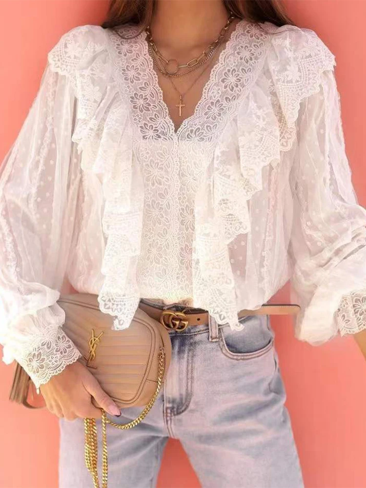 

Sexy V Neck Embroidery Office Blouse Elegant Lantern Long Sleeve Solid Colour Pullover Tops Blusa Spring Summer New Women Shirts