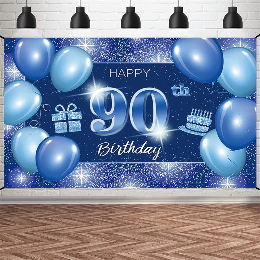 

Happy 90th Birthday Backdrop Party Wall Cake Banner Poster Blue Dot Glitter Sparkle 90 Years Old Bday Ninety Decor for Men Women