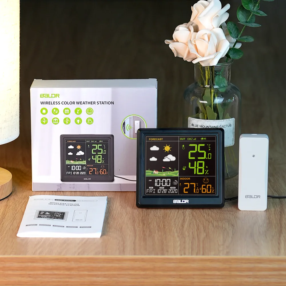 

Умная метеостанция Baldr с автоматическим затемнением, цифровой измеритель температуры и влажности, будильник, календарь, беспроводной прогноз погоды-40 ℃