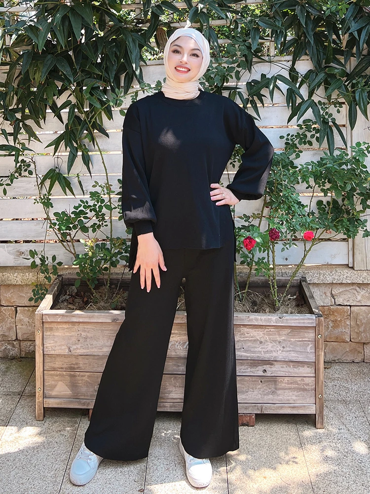 

New Winter Muslim 2 Piece Set Knitted Pullover Sweater Tops + Wide Leg Pant Musulman Ensenmbles Jumper Turkey Muslim Sets