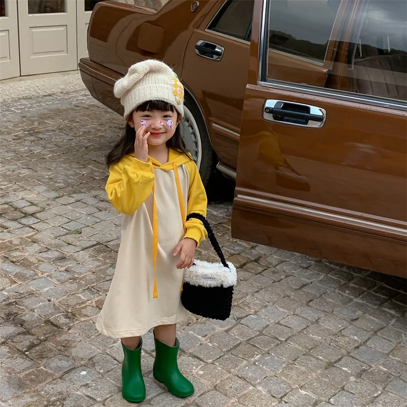 

2-7Years Kids Baby Girl Long Sleeve Sweater Dress 2022 Patchwork Solid Color Hooded Pullover Midi Dresses Autumn Winter Warm Top