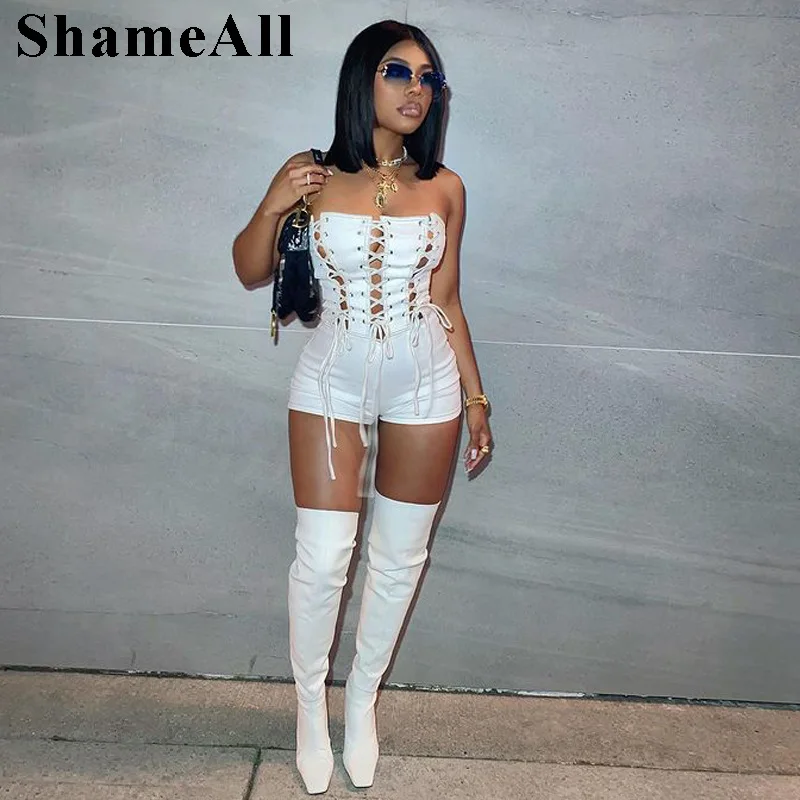 

Сексуальные комбинезоны из искусственной кожи на шнуровке для женщин, летний черный комбинезон для вечеринки, ночного клуба, шорты, уличный...