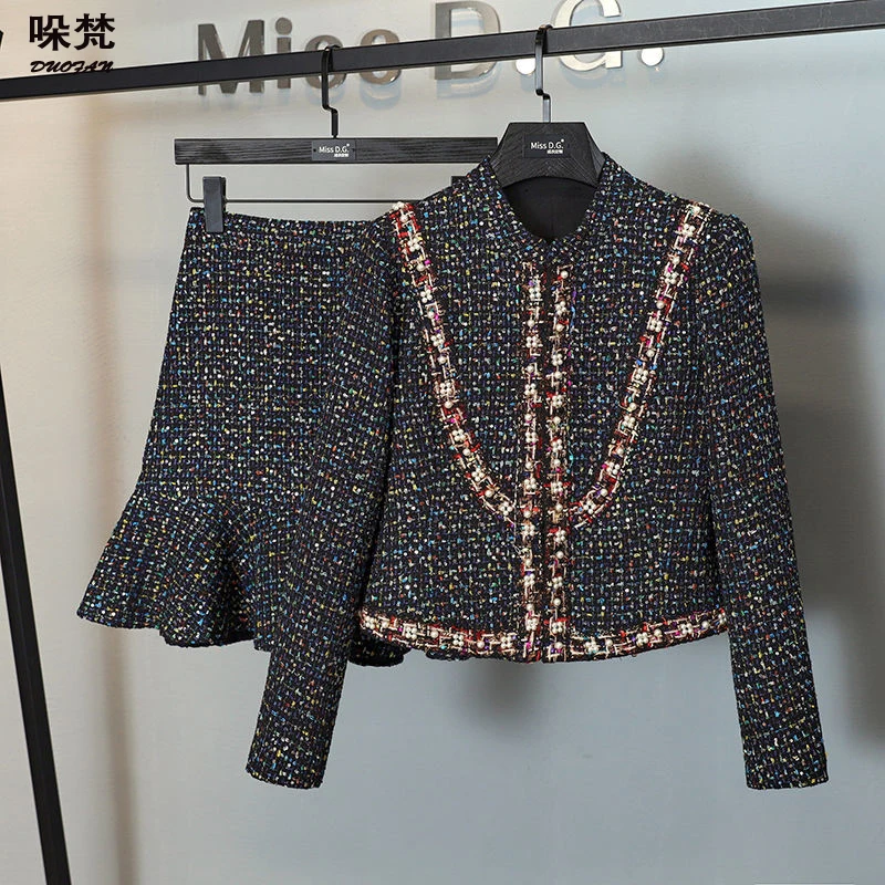 

Женский твидовый костюм на пуговицах, повседневный пиджак с мини-юбкой и золотыми пуговицами