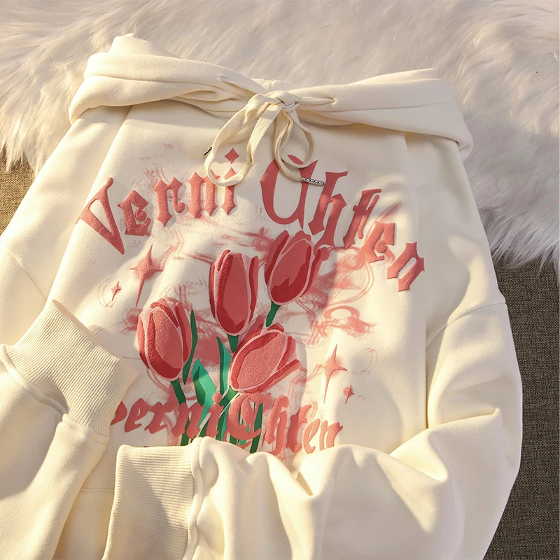 

2022 Letter Flower Print Spring And Autumn Thin New Product Retro Niche Shoulder Drop Loose Fashion Women's Wear Hooded Sweater