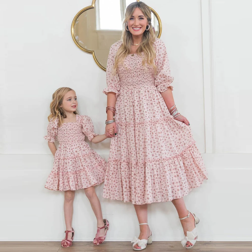 Family Matching Christmas Dress Mom and Daughter Dress Floral Printed Long Dress For Mother Mommy and Me Clothes Carnival Dress images - 6