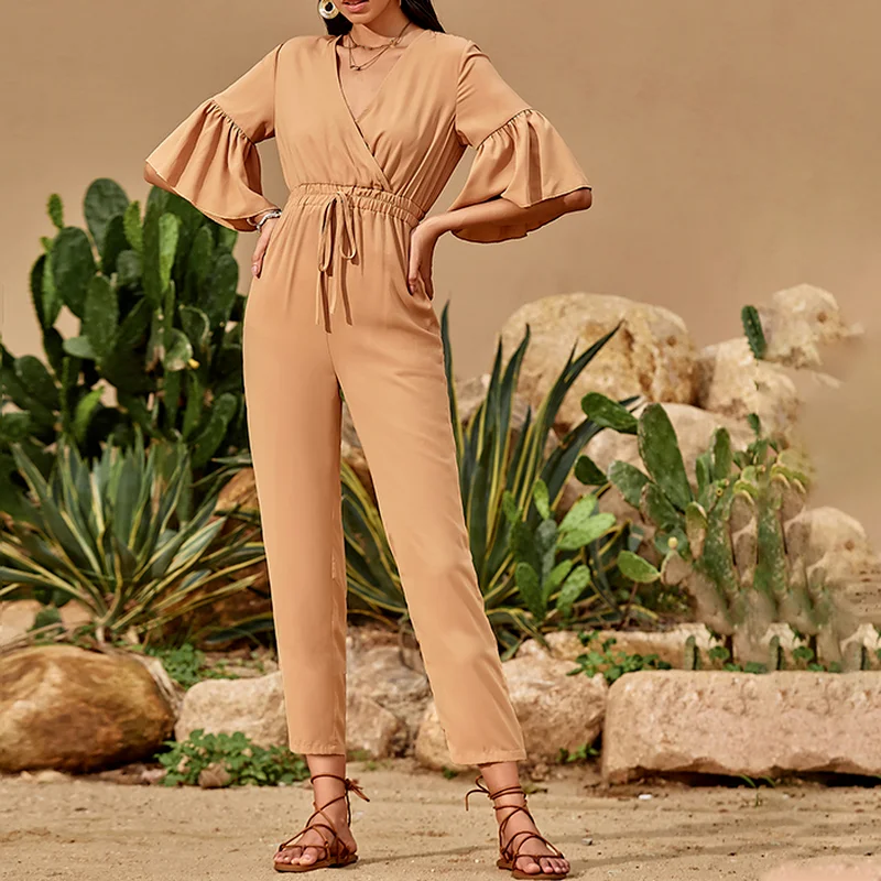 Pure Color Elegant Ruffled Half-sleeve Jumpsuit Women One-piece Temperament Casual High-waist Straight-leg Tie Jumpsuit Women