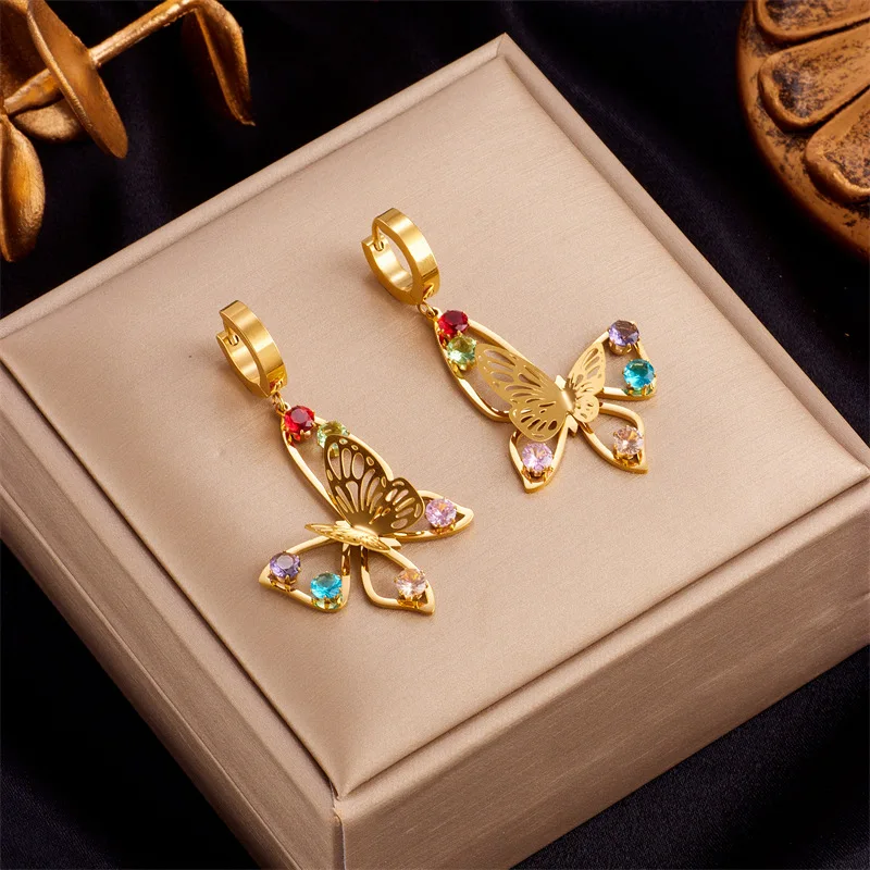 

316L Stainless Steel Cutout Butterfly Earrings For Women Luxury Design Girls Colorful Zircon Ear Jewelry Party Gift Dropshipping