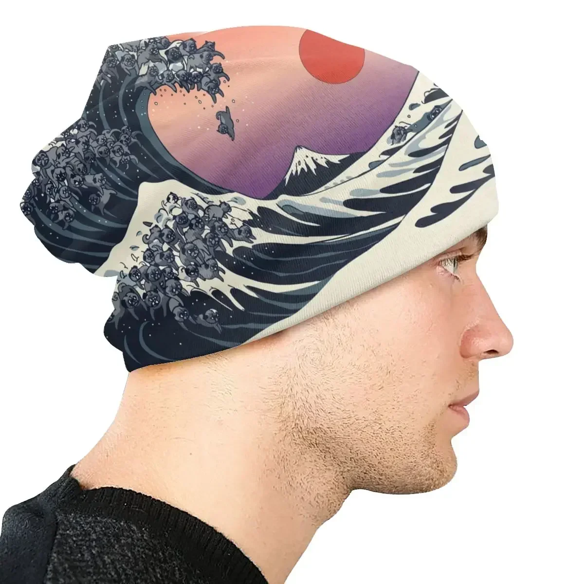 The Great Wave Off Kanagawa Of Black Pugs Шапка-бини Капот Вязаная шапка Katshushika Hokusai Стиль Зимние