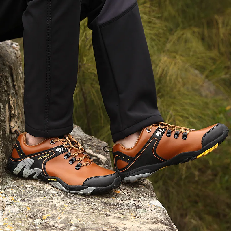 Brown Outdoor Mens Hiking Shoes 2022 Genuine Leather Trail Climbing Shoes Men Sports Sneakers Waterproof Trekking Sneakers Men