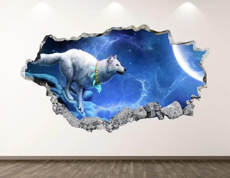

Wolf Wall Decal - Fantasy 3D Smashed Wall Art Sticker Kids Decor Vinyl Home Poster Custom Gift KD37