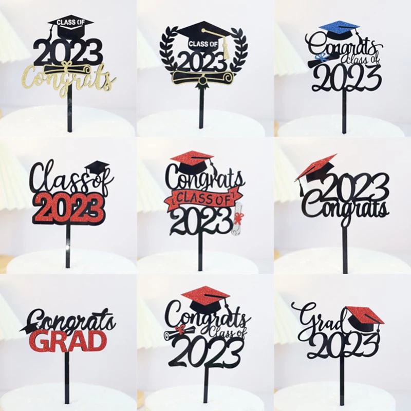 

New 9 Styles Graduation 2023 Party Cake Toppers Acrylic Congratulations Graduation for Students Graduation Party Cake Decoration