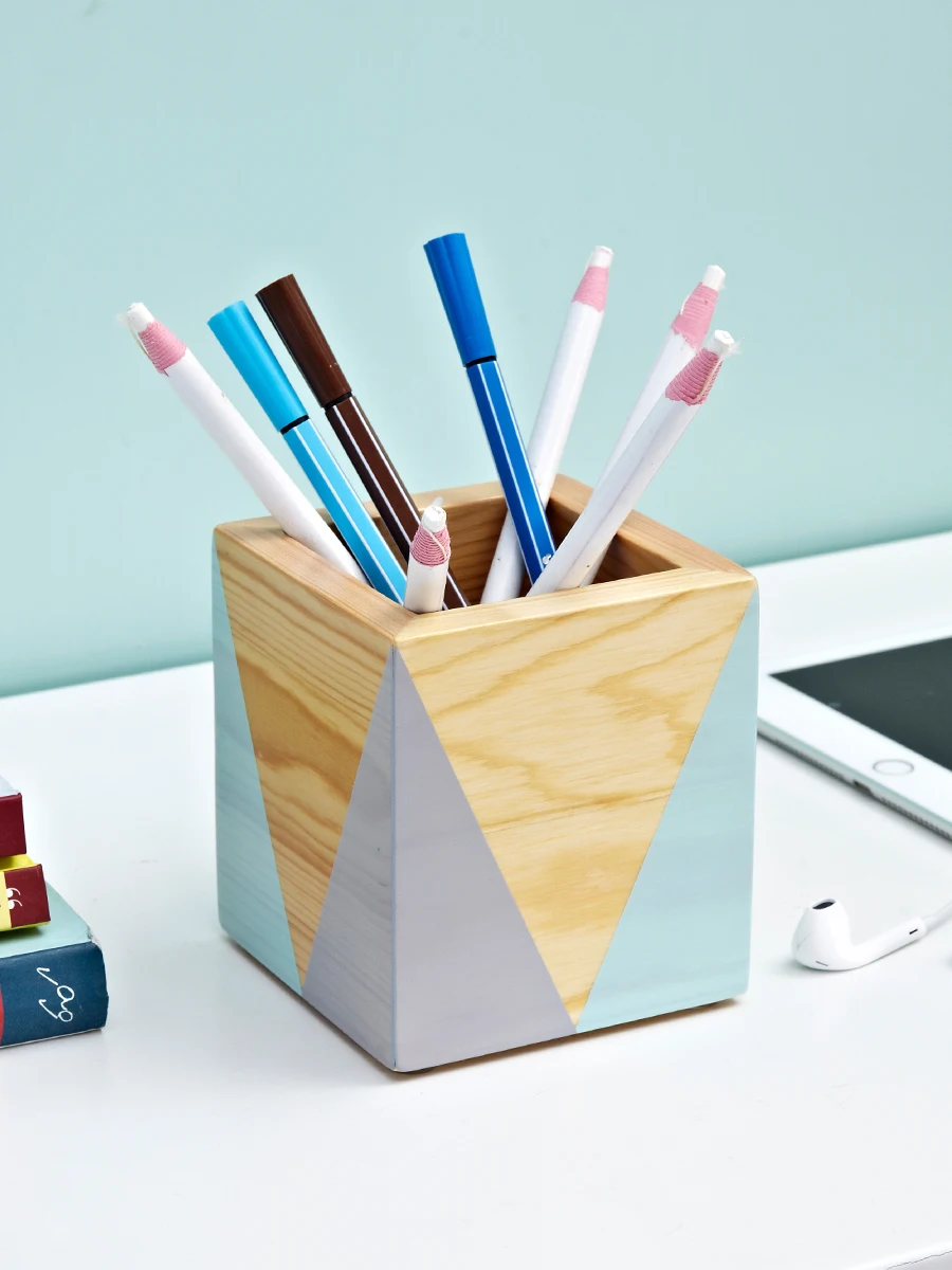 

Desk Organizer Pen Holders Stationery for Kids Gome Office Gadget Modem Style Wood Chevron Aesthetic Room Decor Household Items