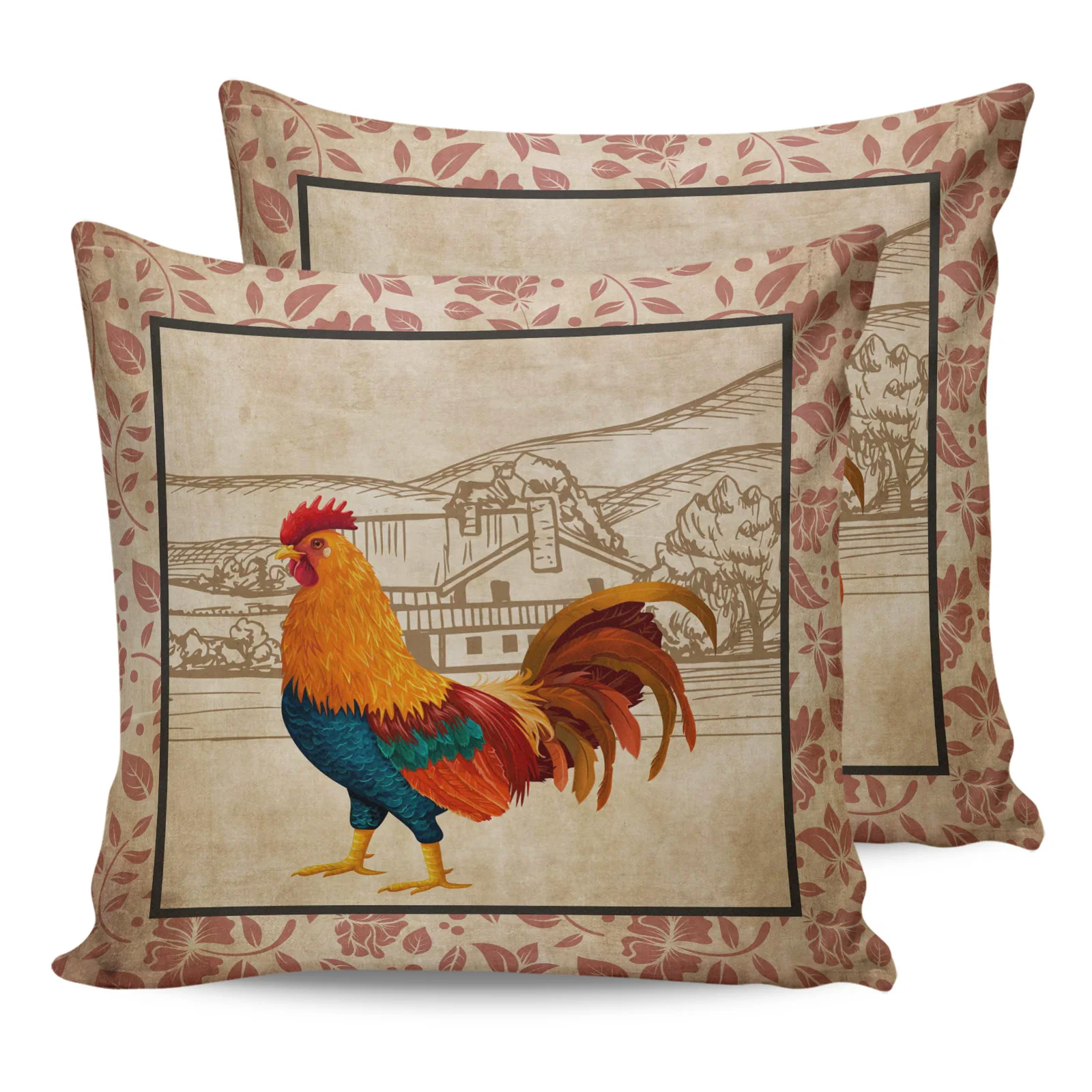 

2PC Pillowcase Farm Rooster Pattern Retro Sofa Cushion Cover Bedding Dakimakura Pillow Cover House Home Decorative Pillow Cases