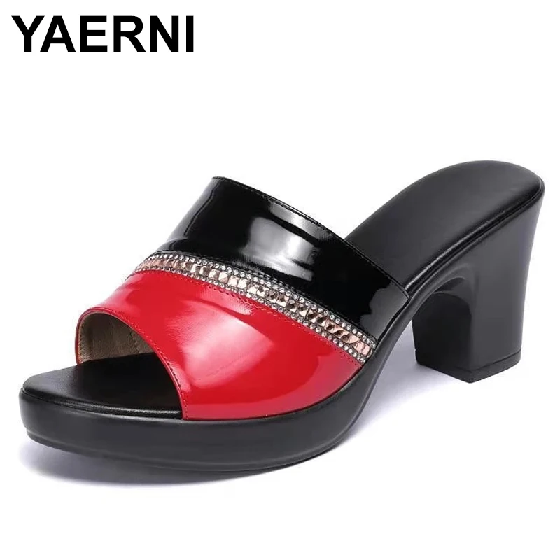 

YAERNIWomen Slipper's 2022 Ladies Summer Slippers Genuine Leather Shoes Women High Heels Fashion Rhinestone Summer Shoes