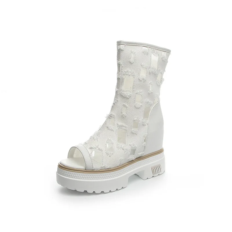 2023 Women Cowboy Boots Summer Platform Shoes Checked Fish Mouth Sandals Mesh Fashion Outdoor Women's Casual Sandals Boots