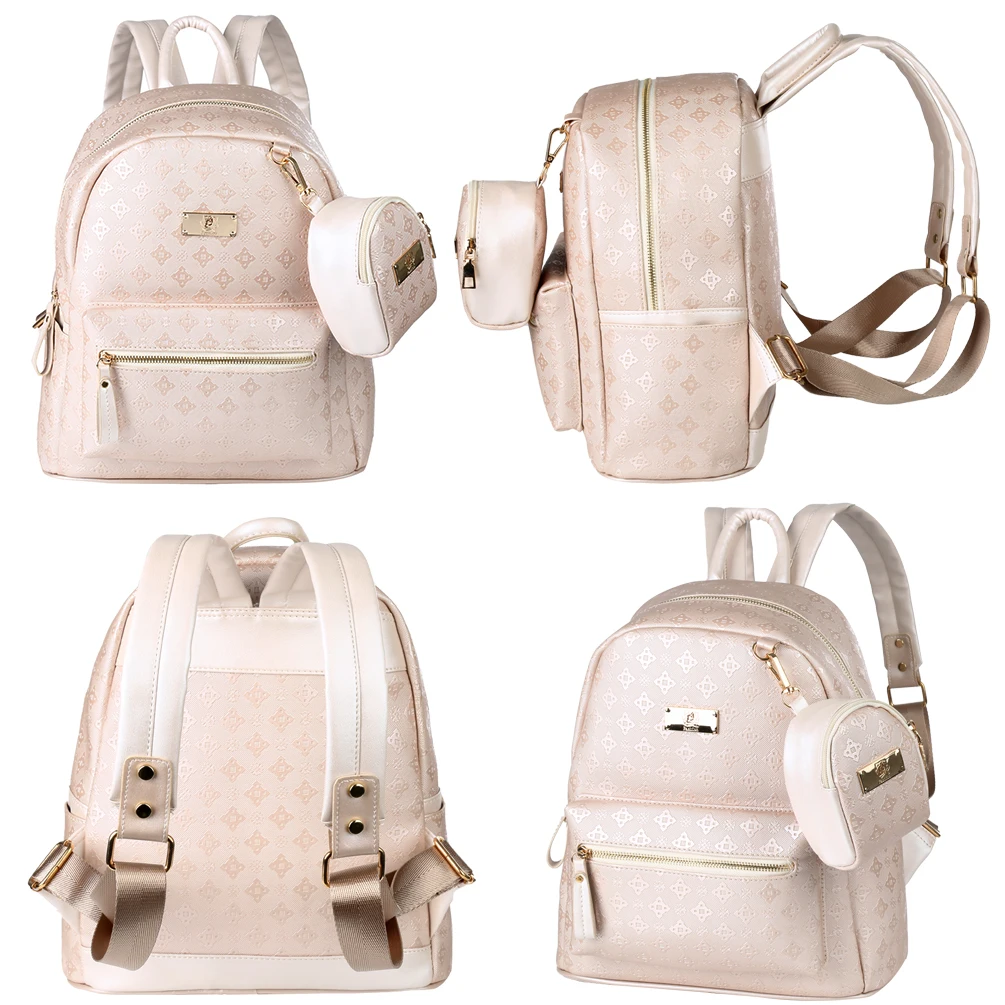 2 in 1 Women Backpack PU Leather Shoulders Bag Chic School Bags Portable Travel Daypack with Hanging Pouch, Beige
