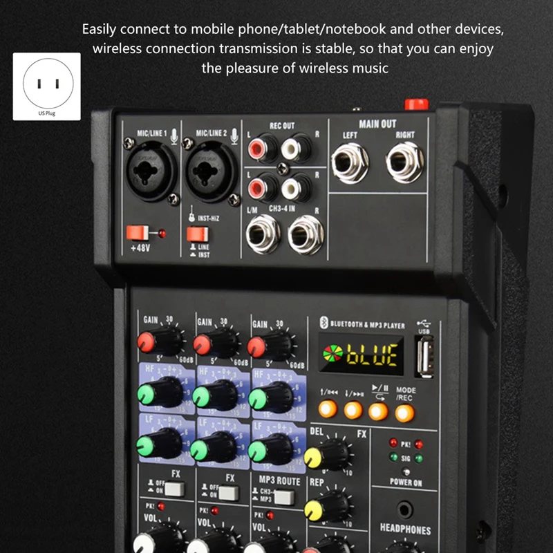

RISE-4 Channel USB Bluetooth 48V Power Stereo Sound Card Audio Mixer Sound Board Console Desk System Interface (US Plug)