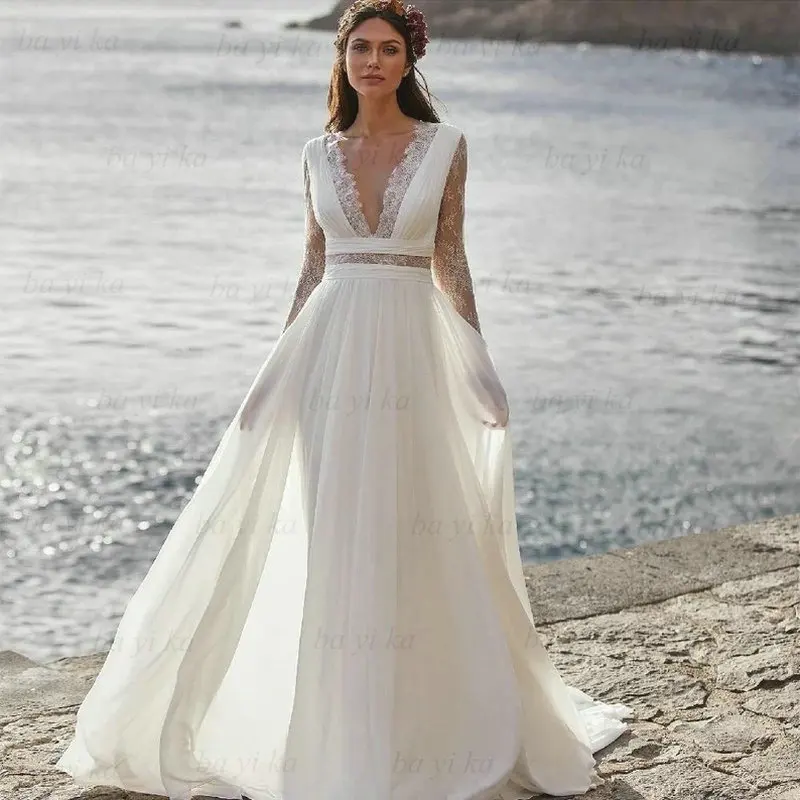 Chiffon For Women 2022 Backless Wedding Dress Vestido de novia Illusion V-Neck Long Sleeve Lace Beach Bride Gowns Robe De Mariee