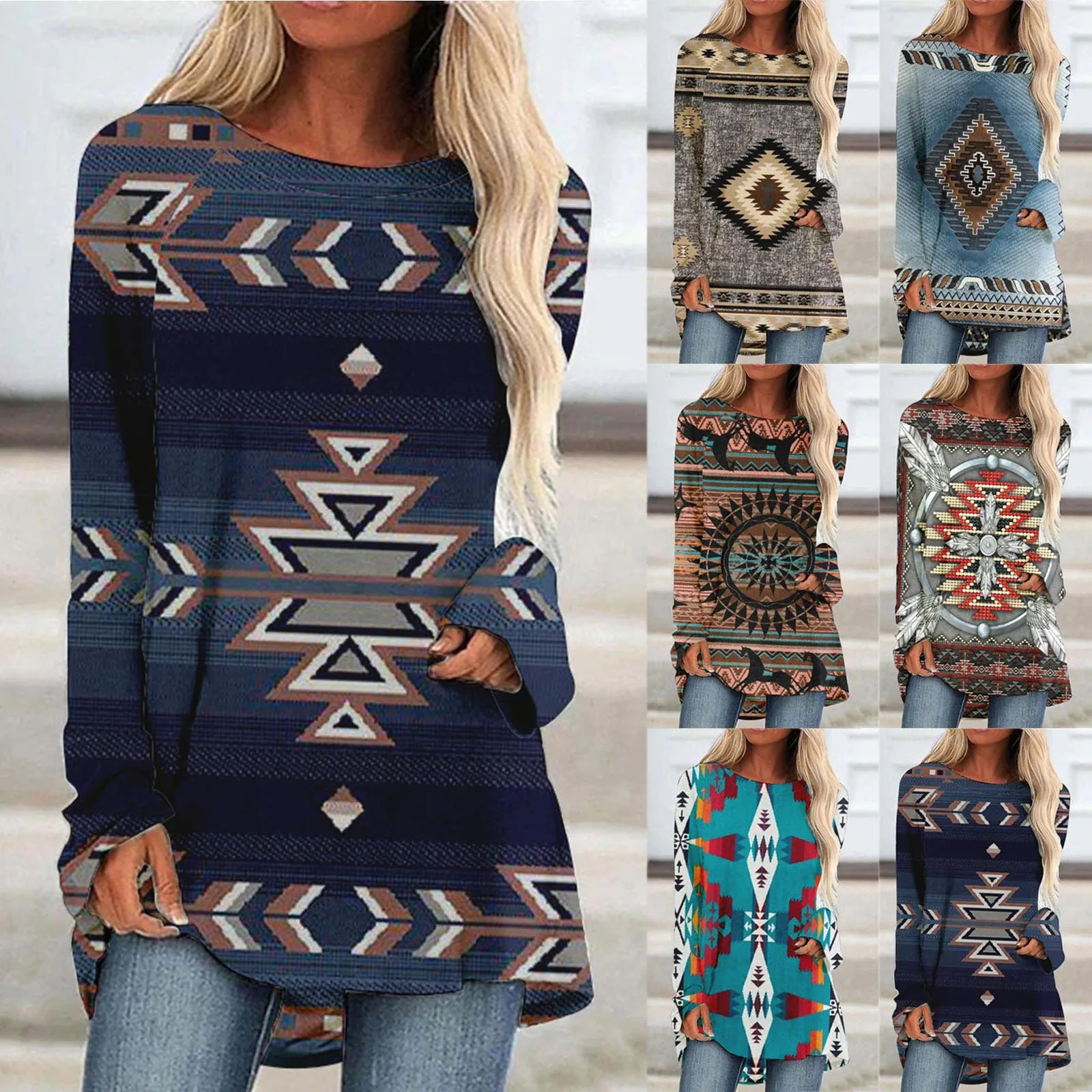 

Женская Повседневная рубашка с круглым вырезом, блузка с длинным рукавом и этническим принтом, длинные женские топы, футболки, хлопковая то...