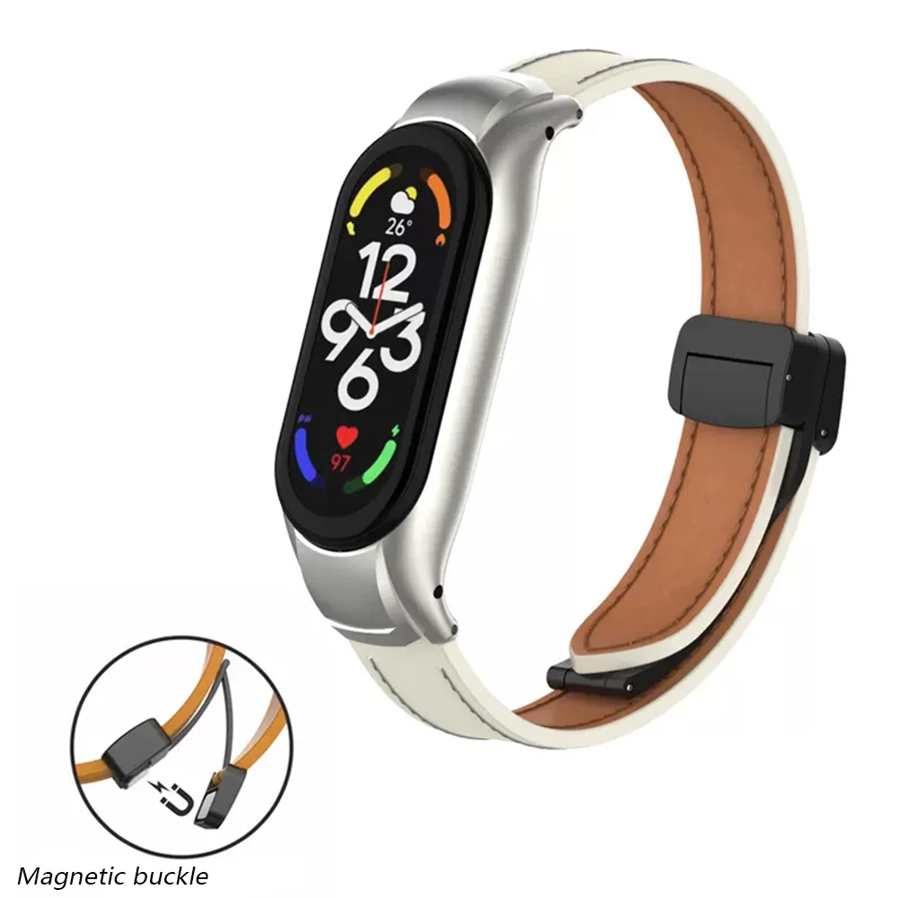 Leather Bracelet for Xiaomi Mi Band 7 6 Magnetic Buckle Strap Metal Case Watch Wrist Strap for Xiaomi Mi Band 3 4 5 Accessories