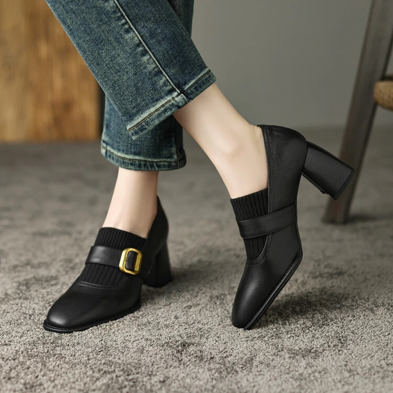 2023 Autumn Women Shoes Split Leather Shoes for Women Square Toe Chunky Shoes Slip-On Women Pumps High Heels Buckle Ladies Shoes