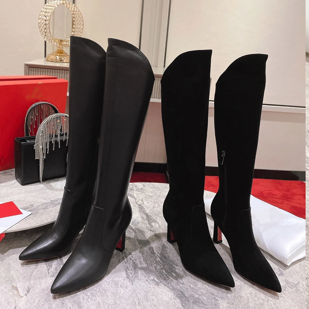 

2022 Genuine Leather Stiletto Heels Runway Party Shoes Pointed Toe Side Zipper Over-the-knee Knitting Thigh High Boots Winter