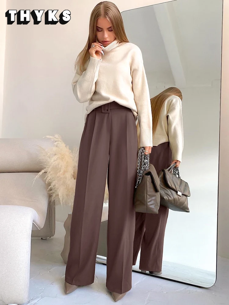 

Office Wide Leg Pants Ladies Belt Brown Trousers Suit Pants Spring And Autumn Travel Social Casual Comfortable Pants