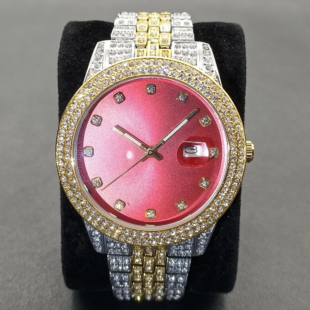 

MISSFOX New Men Watches Business Stainless Steel Waterproof Male Quartz Wrist Watch Round Iced Out Diamond Automatic Date Mens