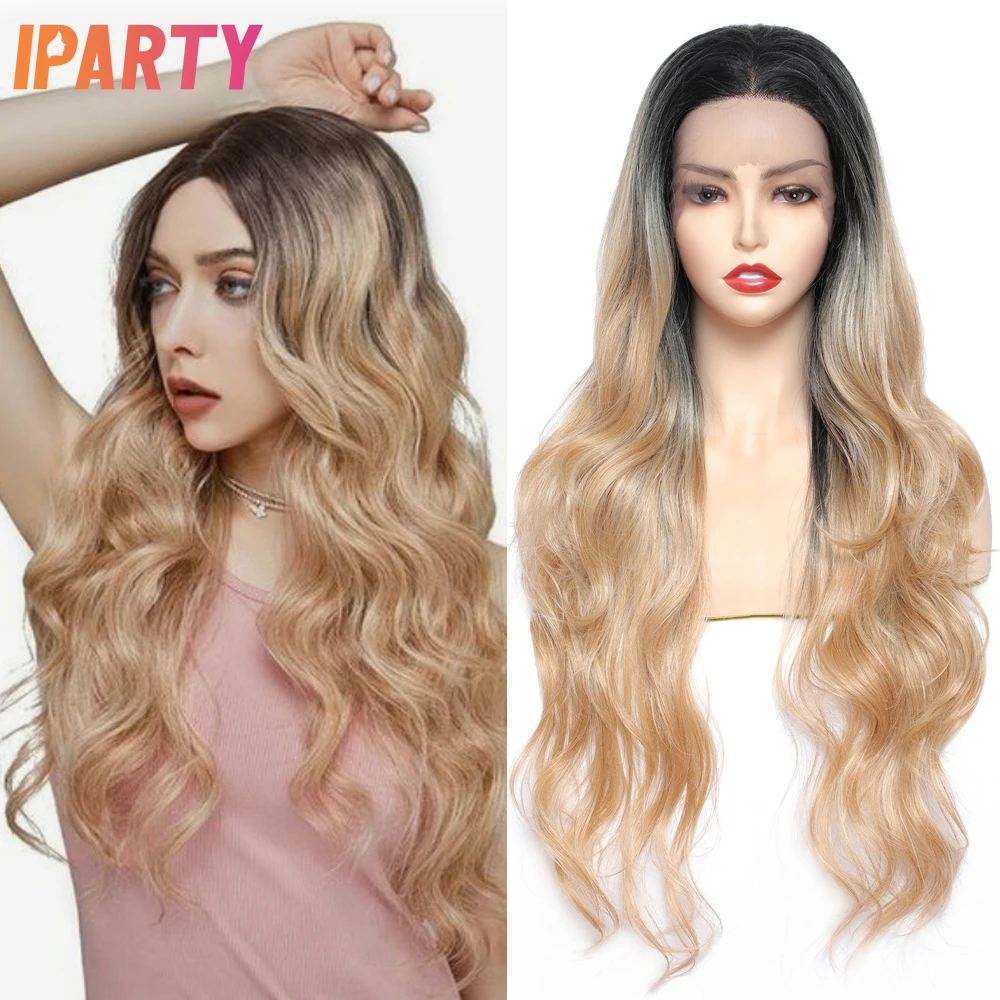 

Iparty Synthetic Lace Long Wavy Wigs 28 Inches Ombre Blonde Color Middle Part Wig Heat Resistant Multi Color Optional Daily