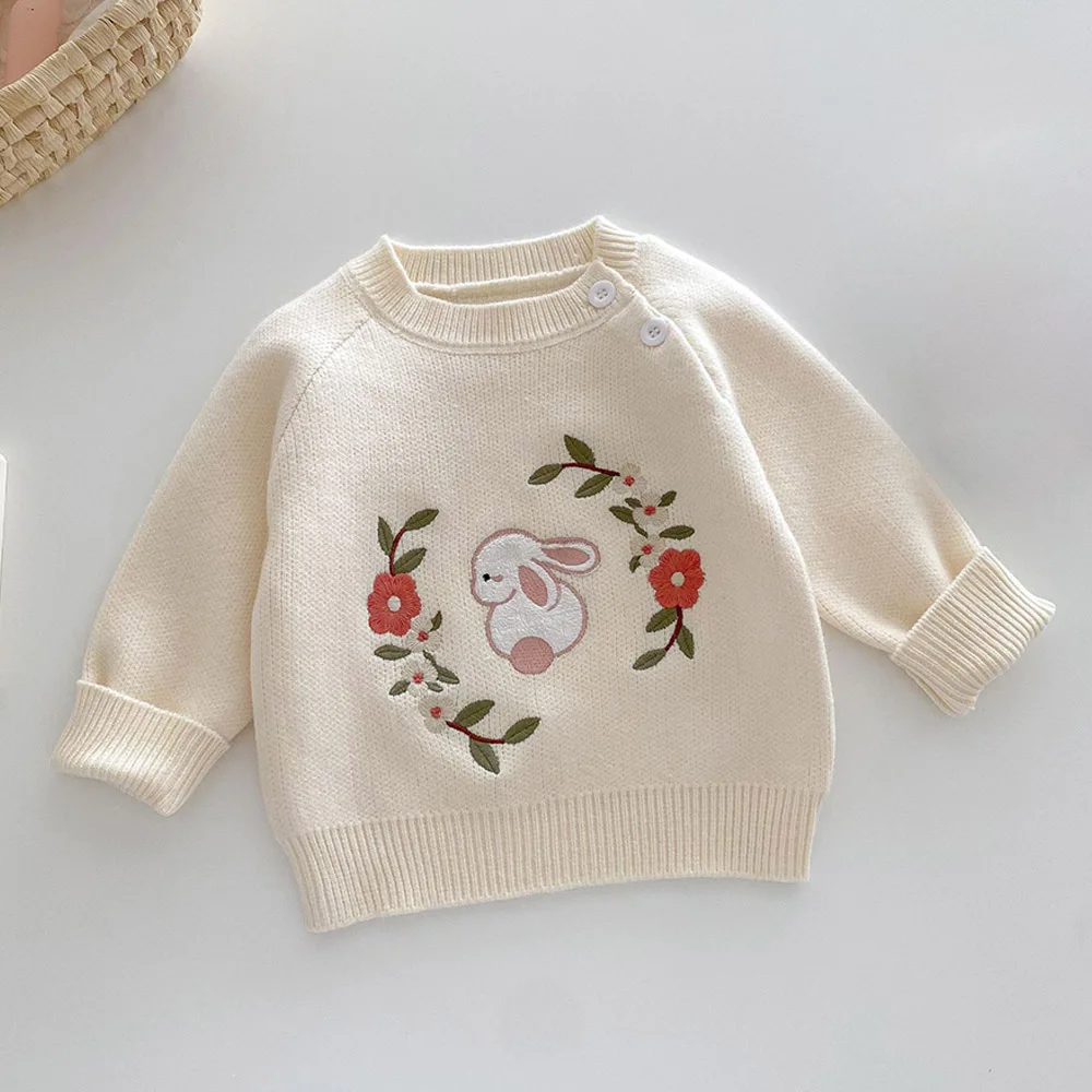 Вязаный свитер для малышей с цветочной вышивкой животных детская одежда