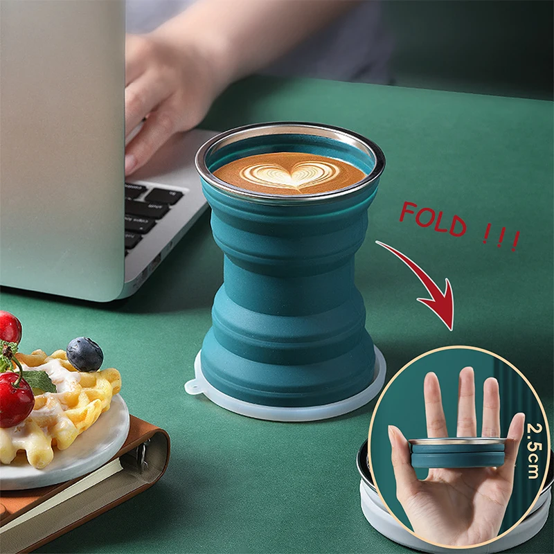 Portable Silicone Folding Water Cup Outdoor Heat Resistant Foldable Mug with Lid Collapsible Travel Drinking Cups for Camping