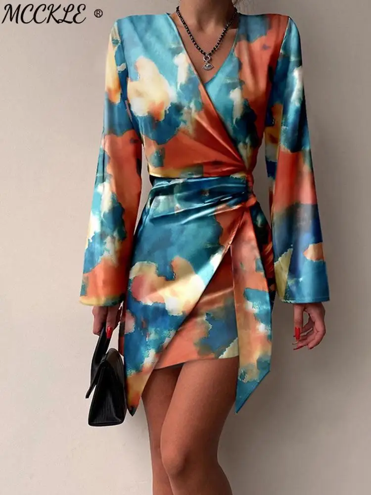 Женское винтажное платье с V-образным вырезом длинным рукавом и принтом в виде