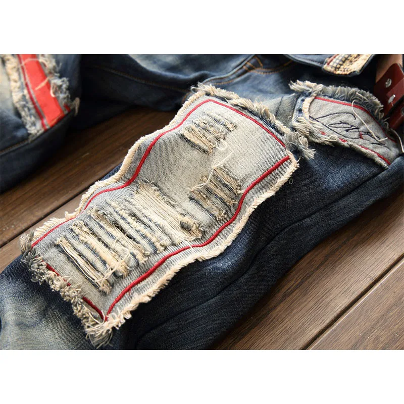 Fashion Men Fleece Jeans Autumn And Winter Patchwork Ripped Design Casual Straight Denim Trousers Male Hip-hop Thick Warm Pants