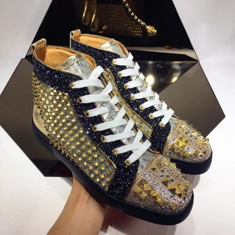 

Luxury Designer High-top Shoes Green Flat Shoes Hair Stylist Rivet Shoes Rhinestone Men's Shoes Couple Sneakers Net Red Shoes