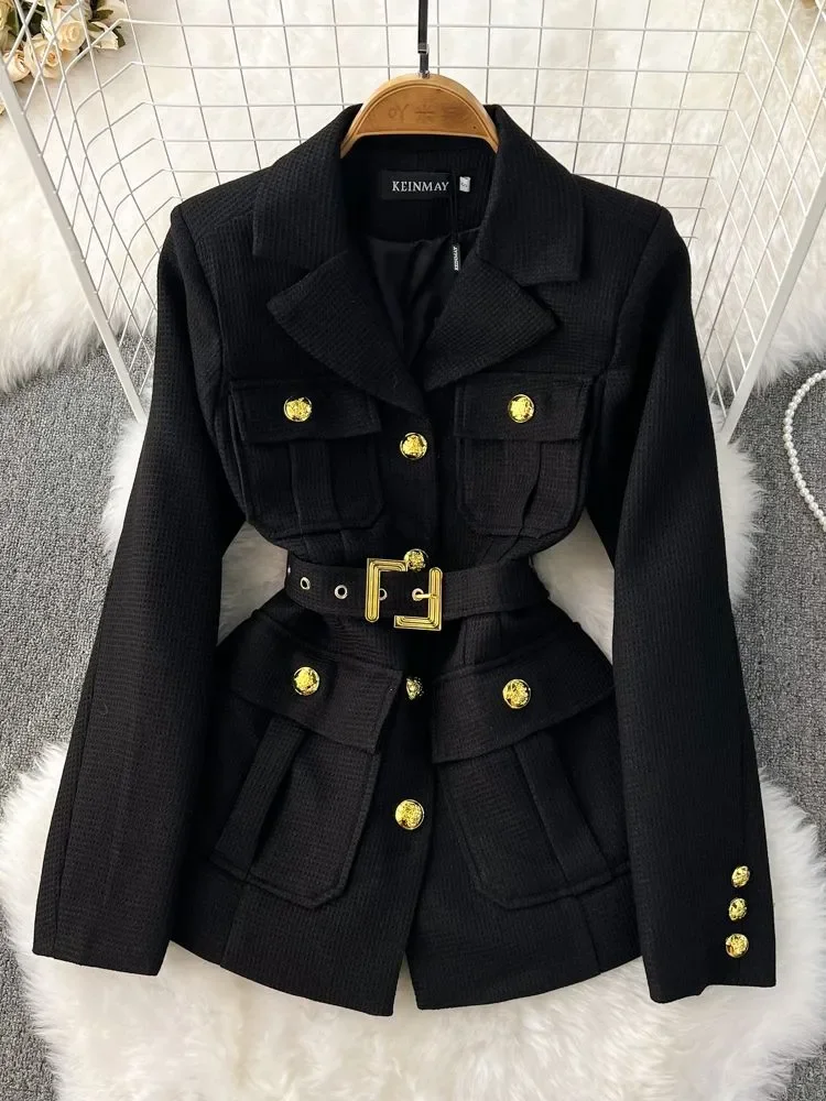New Autumn Winter Outerwear Fashion Checkered Vintage Golden Buttons Pocket Women's Notched Collar Belted Blazers Jackets Tops