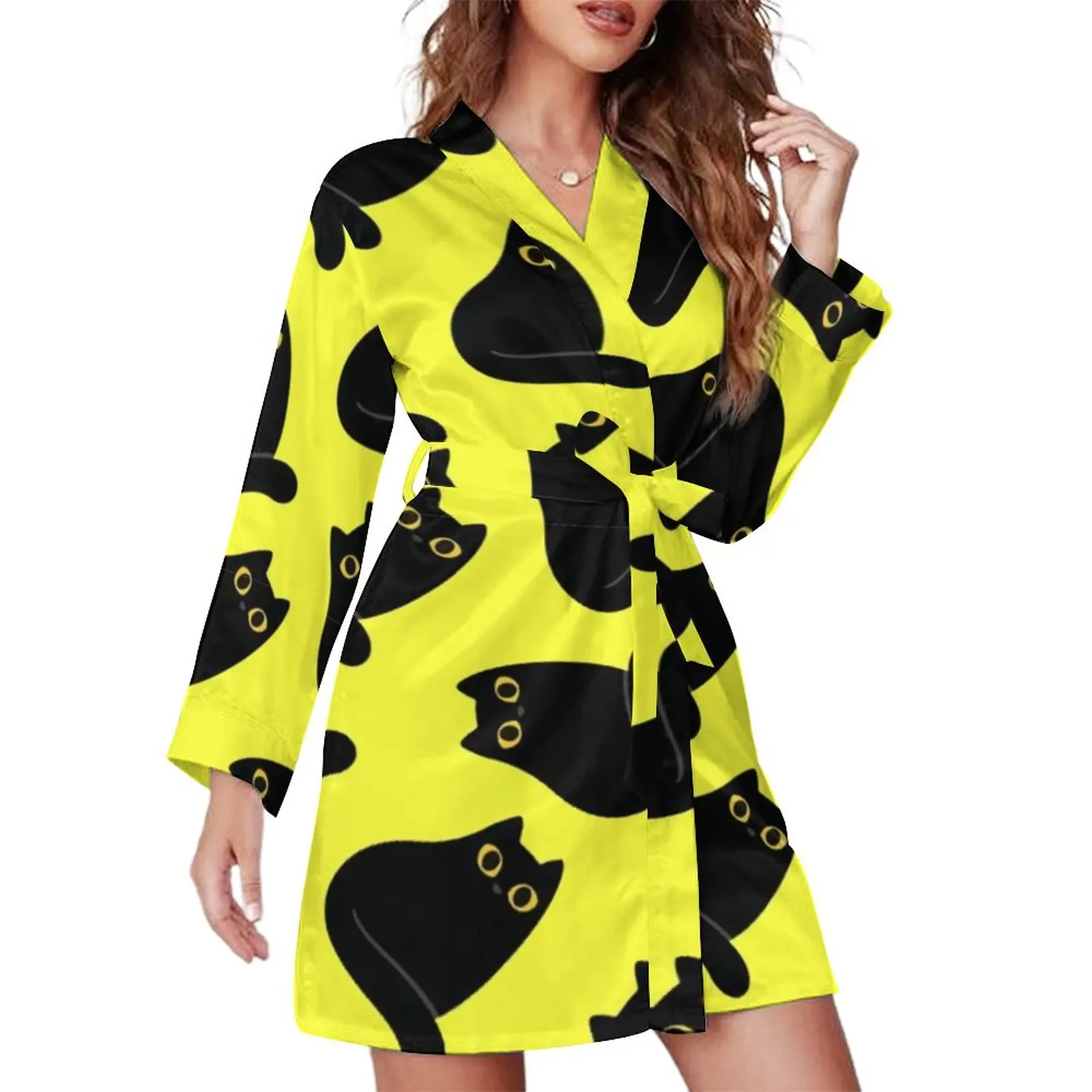 

Cute Black Cat Pajama Robe Meow Animal Print Long Sleeve Kawaii Pajamas Robes Women V Neck Room Sleepwear Autumn Printed Dress