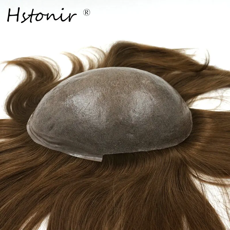 Hstonir European Remy Hair Injected Part Wig Toupee Silicon Hairpiece Skin Base Shine Smooth Quality Natural Hair System H076