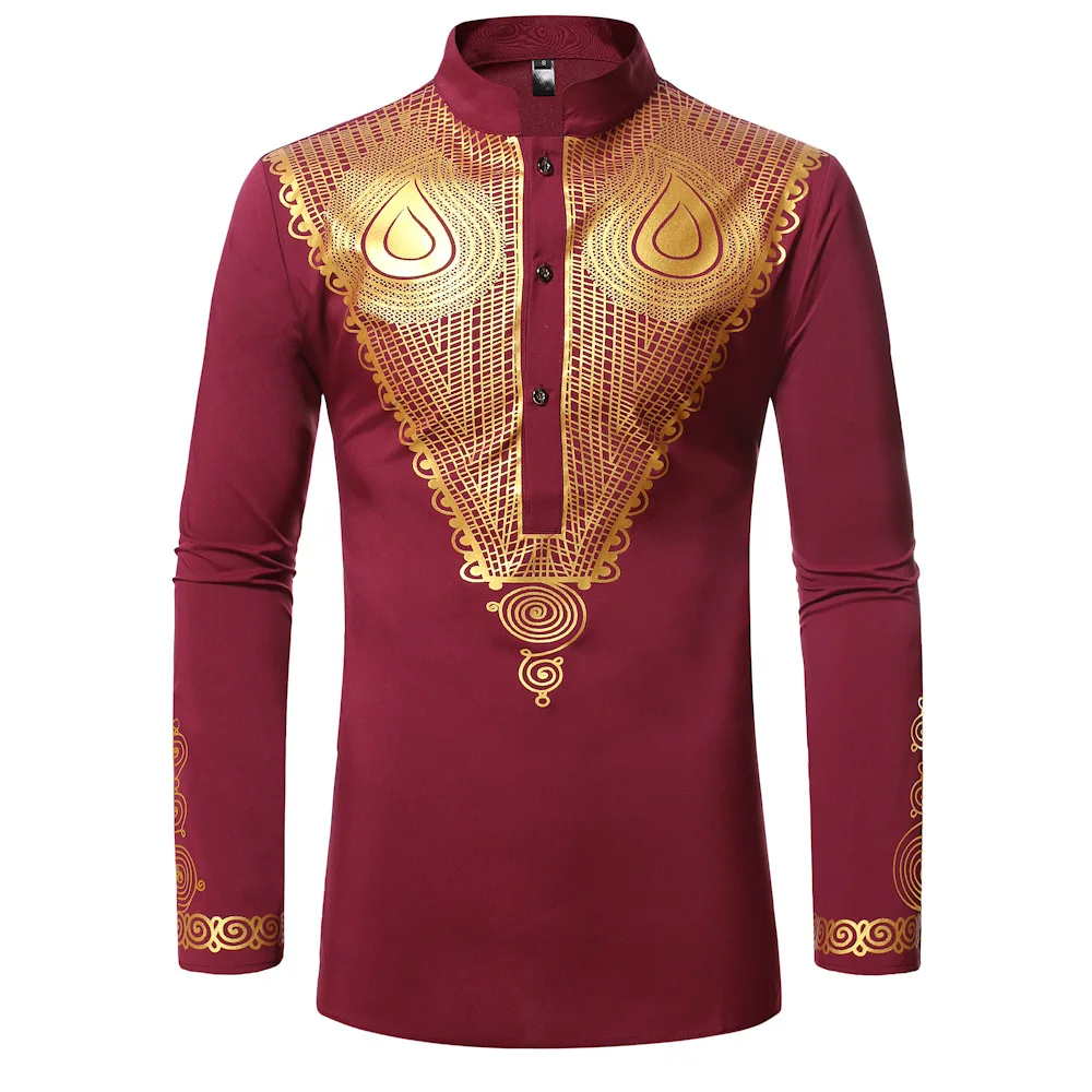 

Men's African Long Sleeve Shirt Metallic Gold Printed Mandarin Collar Shirt Traditional Ethnic Festival Wedding Dashiki Shirt