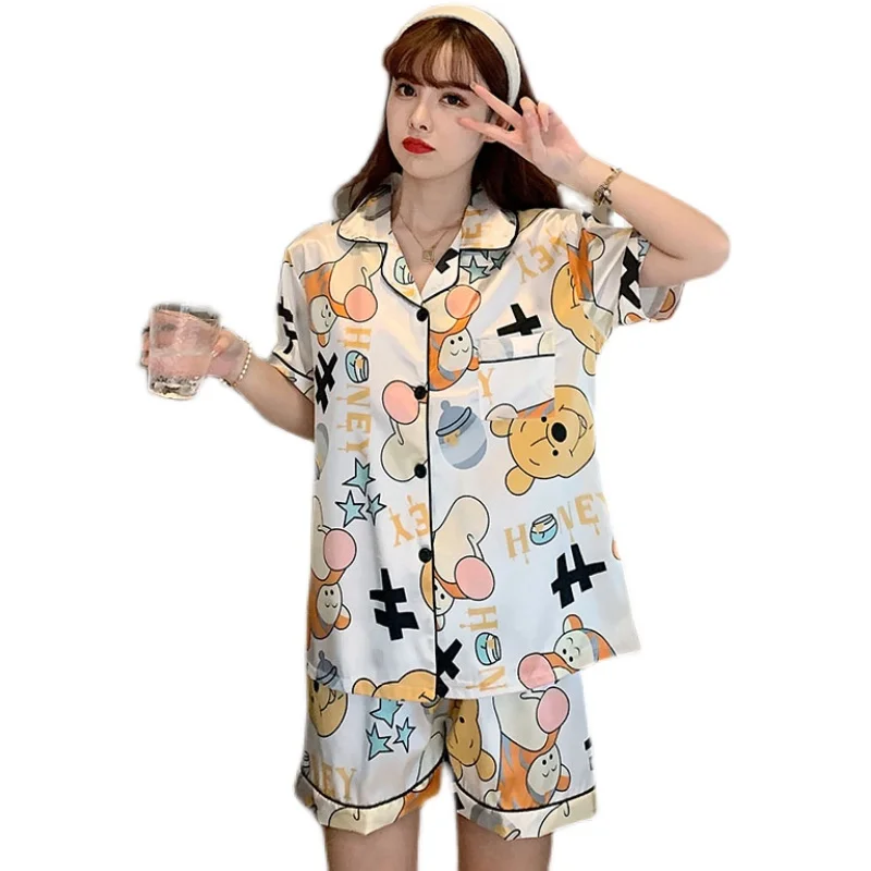 Disney Tigger and Winnie the Pooh Stain Pajamas Set for Women Summer Loose Casual Silk Home Suit Women Shorts for  Sleepwear
