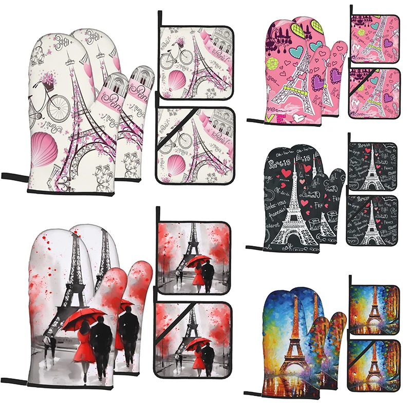 

Paris Eiffel Tower Oven Mitts and Pot Holders Set of 4, Oven Mittens and Potholders Heat Resistant Gloves for Kitchen Cooking