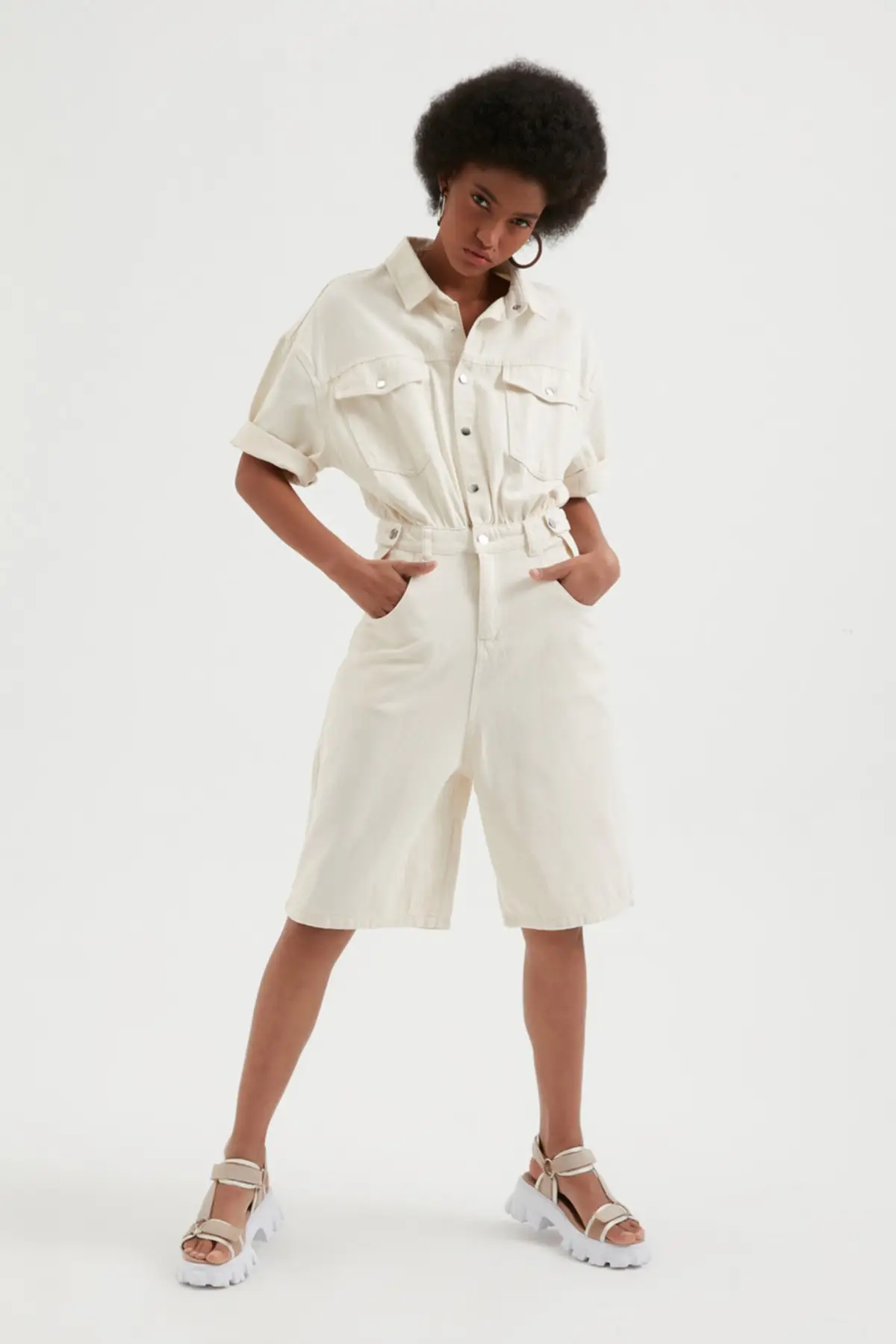 

Women's Overalls Beige Snap Snap Capri Jean Jumpsuit Hot Style Quality Fabric Sleeveless Baggy Trousers Casual Jumpsuit