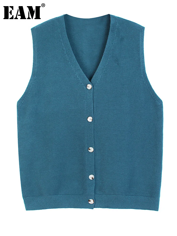 

[EAM] Женский СВОБОДНЫЙ ВЯЗАННЫЙ хлопковый Повседневный жилет с черной пуговицей, новый модный жилет без рукавов с v-образным вырезом, весна-о...