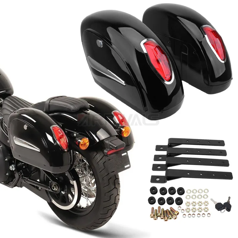 Universal Motorcycle Saddle Bags Side Luggage Bag w/ Retro Oval Red Light Fork Tool For Harley Honda Yamaha Suzuki Touring