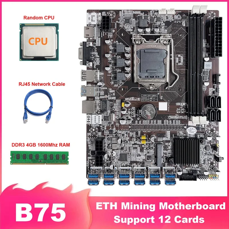 

B75 ETH Mining Motherboard 12 PCIE To USB LGA1155 Motherboard With Random CPU+DDR3 4GB 1600Mhz RAM+RJ45 Network Cable