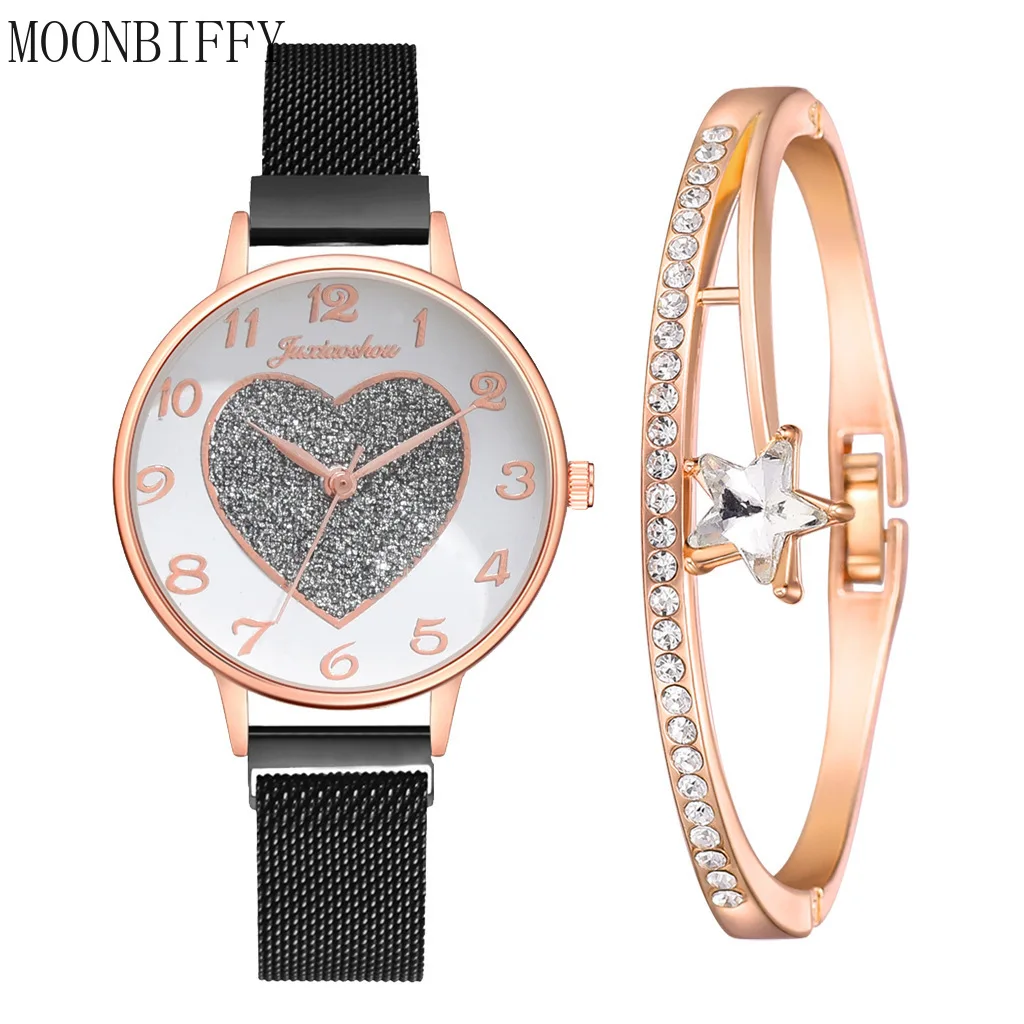 

2pc/set Luxury Brand Women Watches Love Magnet Watch Buckle Fashion Casual Female Wristwatch Roman Numeral Simple Bracelet